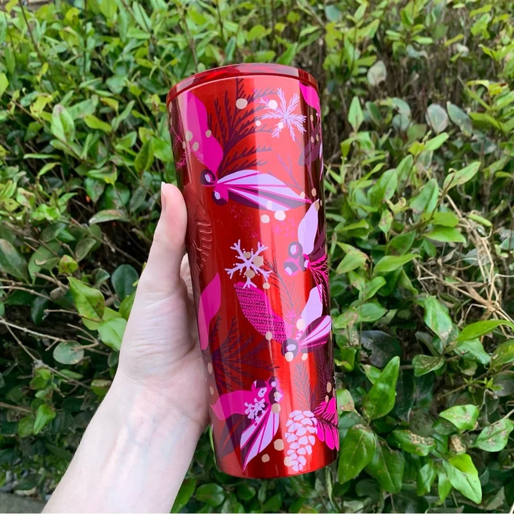 2021 Holiday Edition Metal Starbucks Cup Red/Pink Foliage Pine Cones NO STRAW